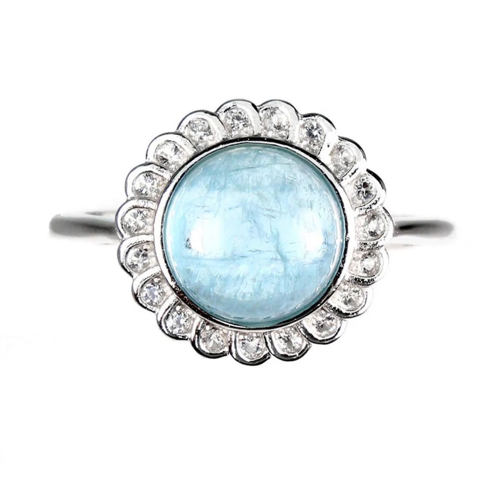 Unheated Round Blue Natural lAquamarine 9mm White Topaz 925 Silver Ring Size 9